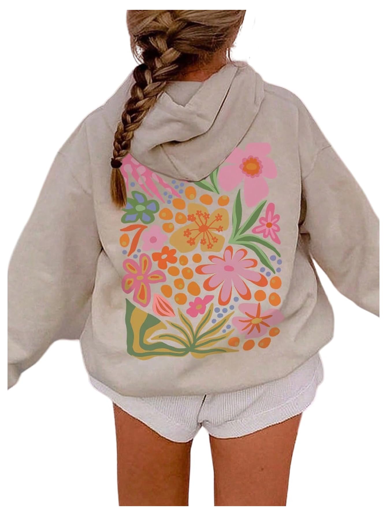 Floerns Cute Hoodies for Girls Graphic Fleece Long Sleeve Hooded Sweatshirts Kids Clothes Tops 13 Years Apricot