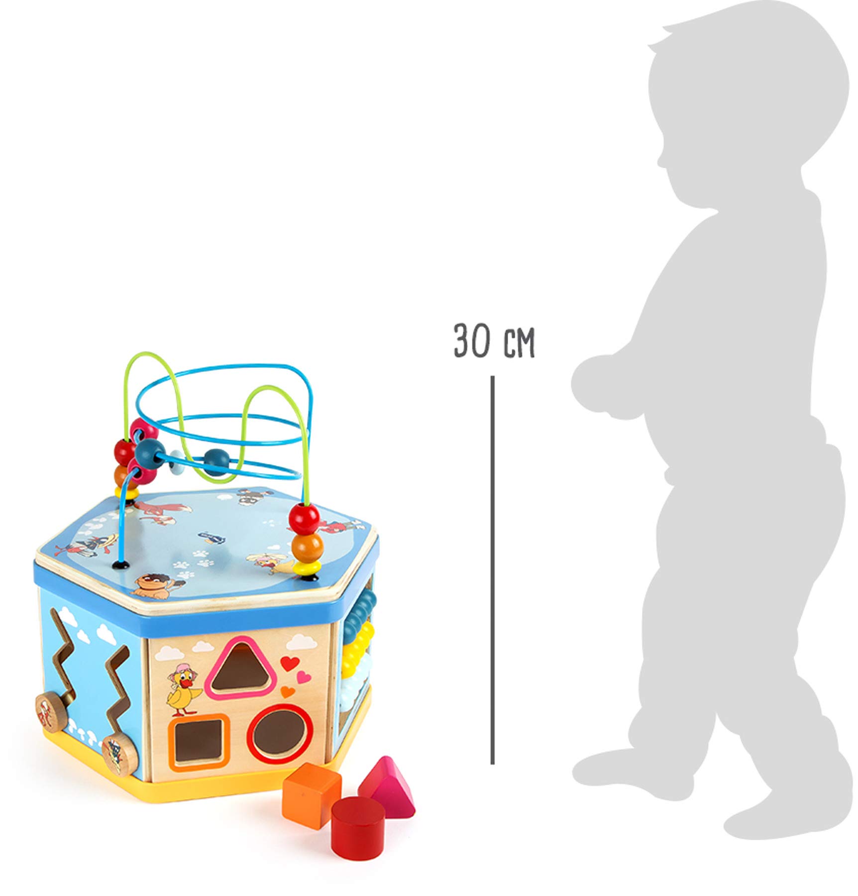 Small Foot 10433 - Cubo de motricidad Sandmännchen, con Formas, Juego de Empuje, Caja de música y bucles de motricidad, a Partir de 1 año