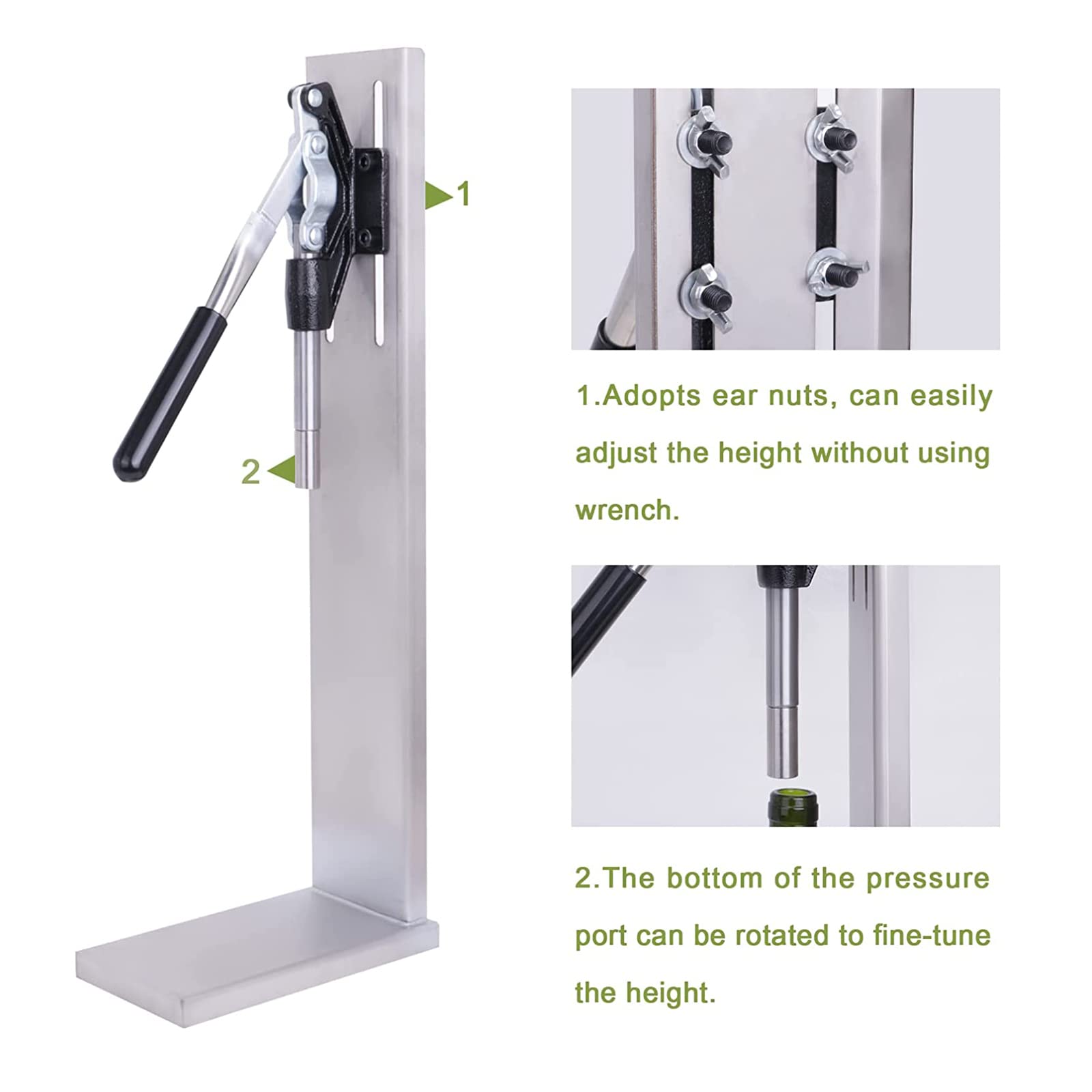 Corchadora manual para botellas de vino, acero inoxidable, altura ajustable, almohadilla antideslizante, incluye 2 fundas POM para corchos #8 y #7