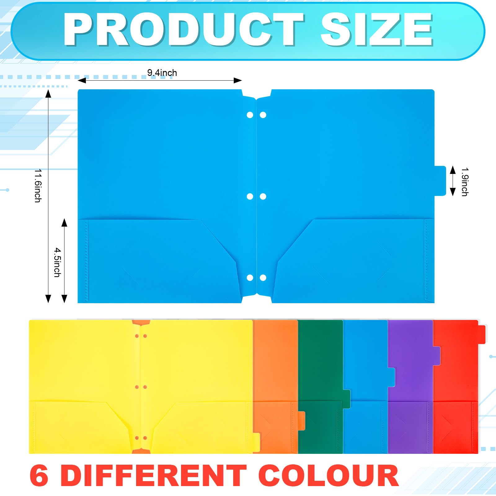 Honoson Lot de 60 dossiers à 2 poches avec poche avant transparente en plastique perforé à 3 trous pour classeur à 3 anneaux 1/6 onglets de coupe pour bureau, salle de classe (couleurs vives)