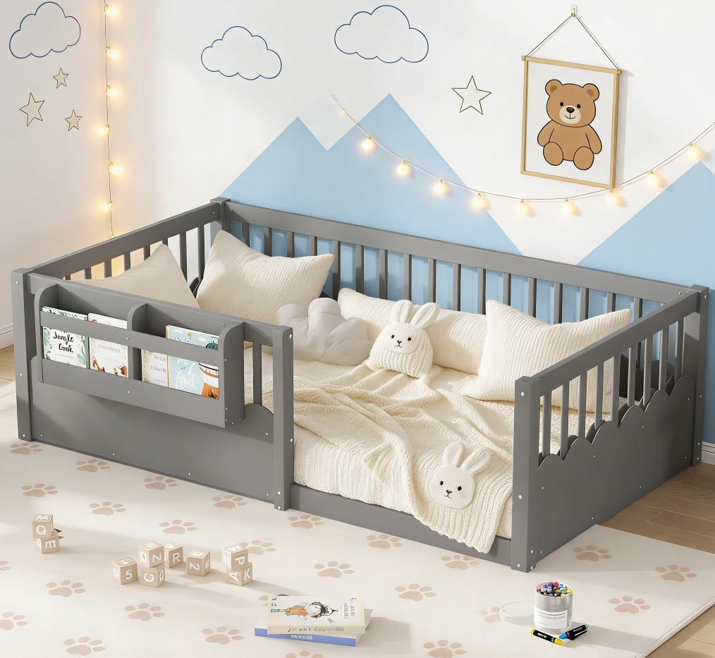 Bellemave Twin Size Floor Bed with high Rails and Bookshelf for Kids, Girls, Boys, Wood Montessori Floor Bed Without Door, Gray