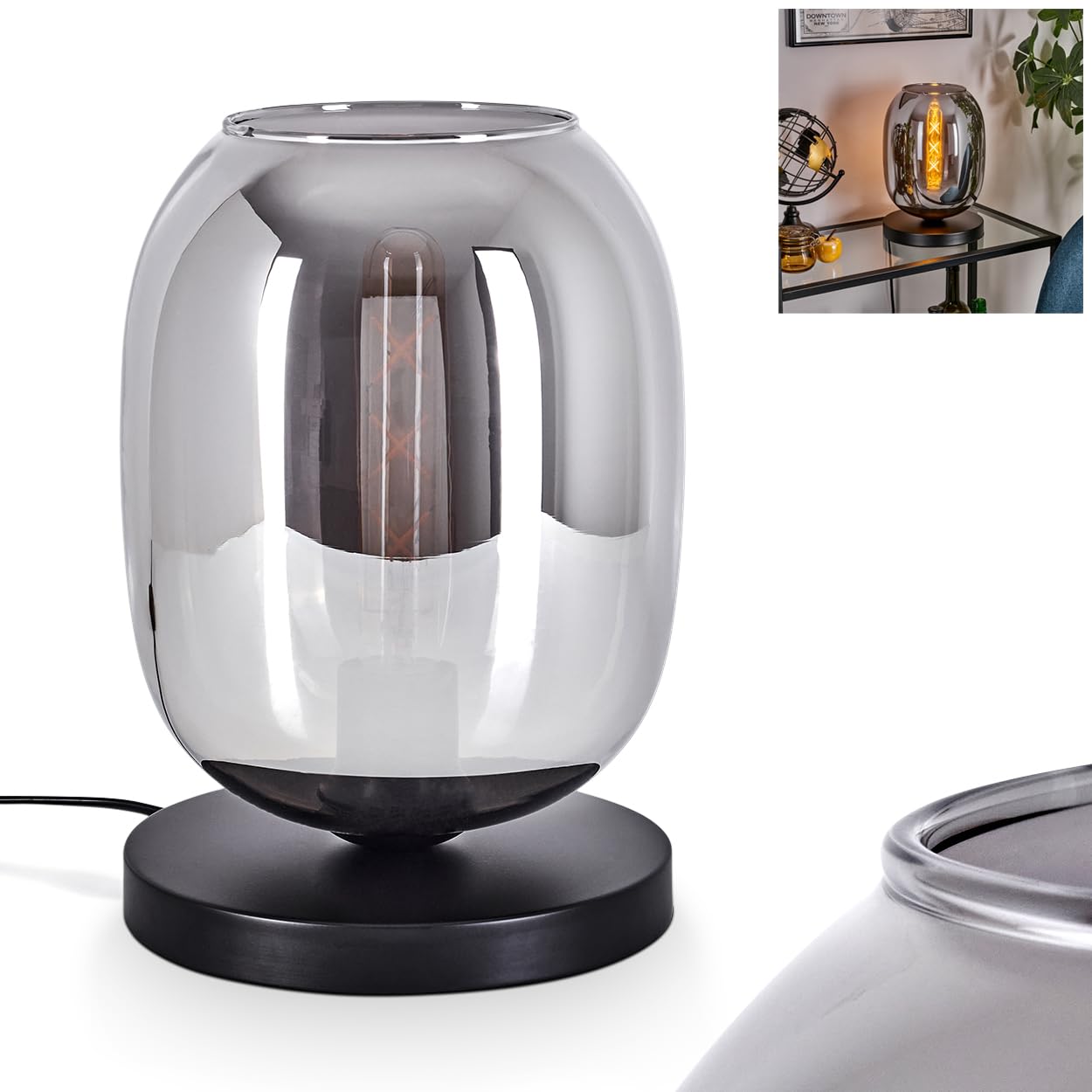 Tischleuchte Apedo, Tischlampe aus Metall/Glas in Schwarz/Rauchfarben, Leuchte im modernen Retro/Vintage-Design mit Schirm aus Glas (Ø 20 cm) u. An/-Auschalter am Kabel, 1 x E27, ohne Leuchtmittel