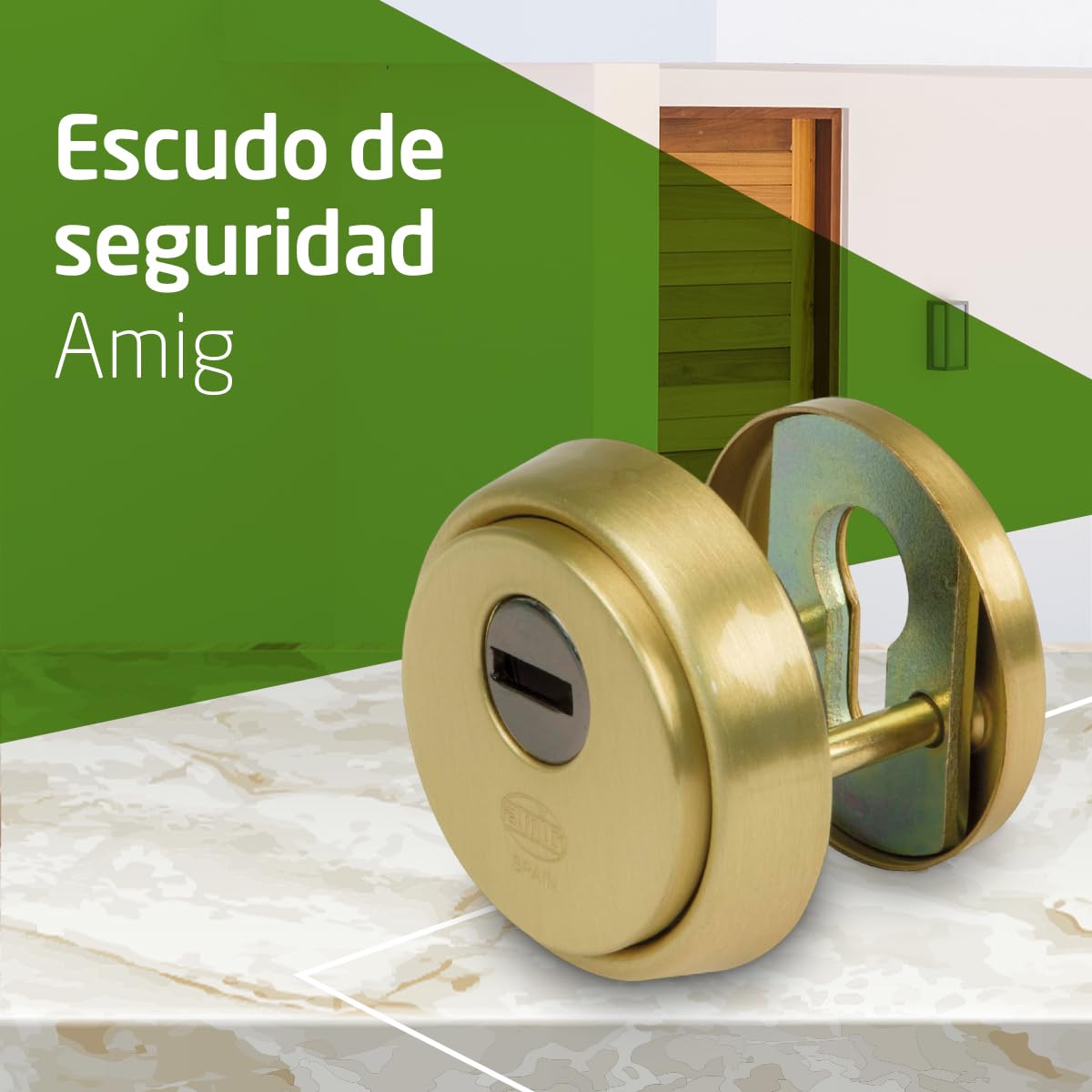 Amig - Escudo de seguridad Mod. 30 - Latón - Dorado - Anillo exterior macizo - Ø65 mm - Con placa antitaladro - Con tornillos y soporte - Para cilindro Europerfil EN1303 - Cuerpo acero sinterizado