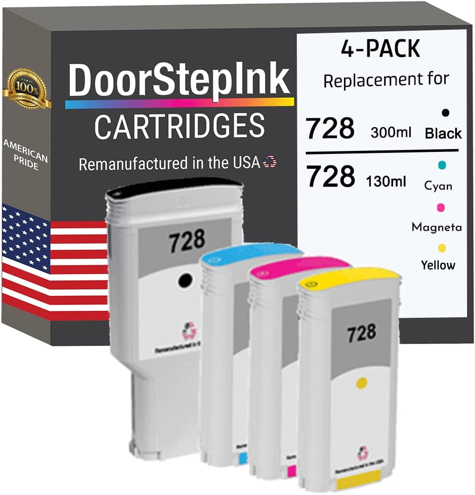 DoorStepInk 728 Matte Black & Color Remanufactured Ink Cartridge Replacement for HP 728 - Compatible with DesignJet T730 36-in / T830 24-in / T830 36-in - High Yield 4-Pack
