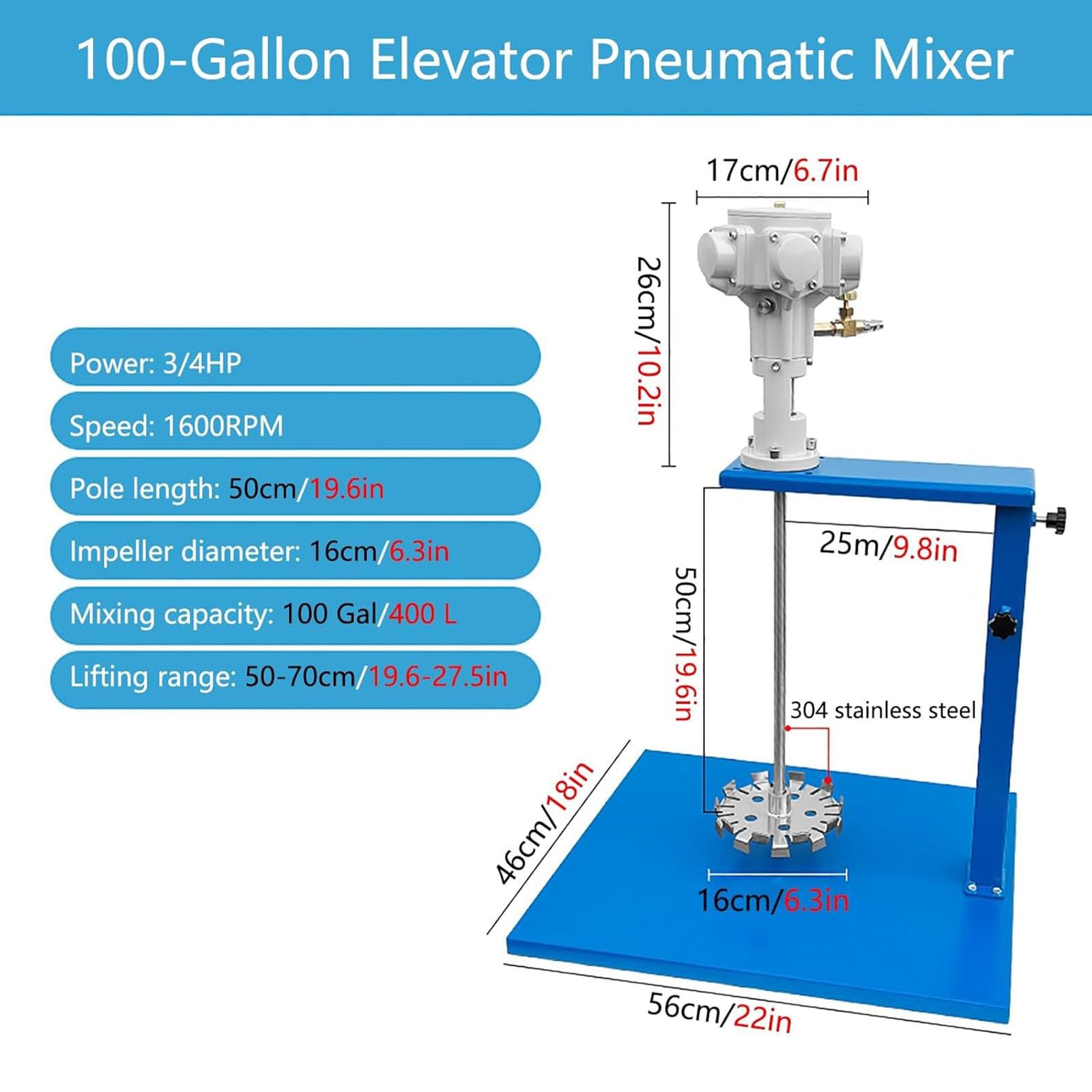 Mezclador de pintura neumático de 100 galones, elevación manual de 3/4 HP, agitador de revestimiento de 1600 rpm, diámetro del impulsor de 160 mm para mezcla de pintura, tinte e hidrosol