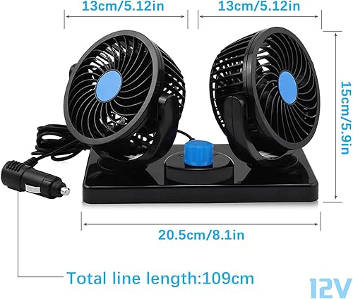 Miniatura 2 de Showvigor Ventilador de coche de 12 V, eléctrico ajustable de doble cabeza, silencioso y fuerte, ventilador de refrigeración de tablero de