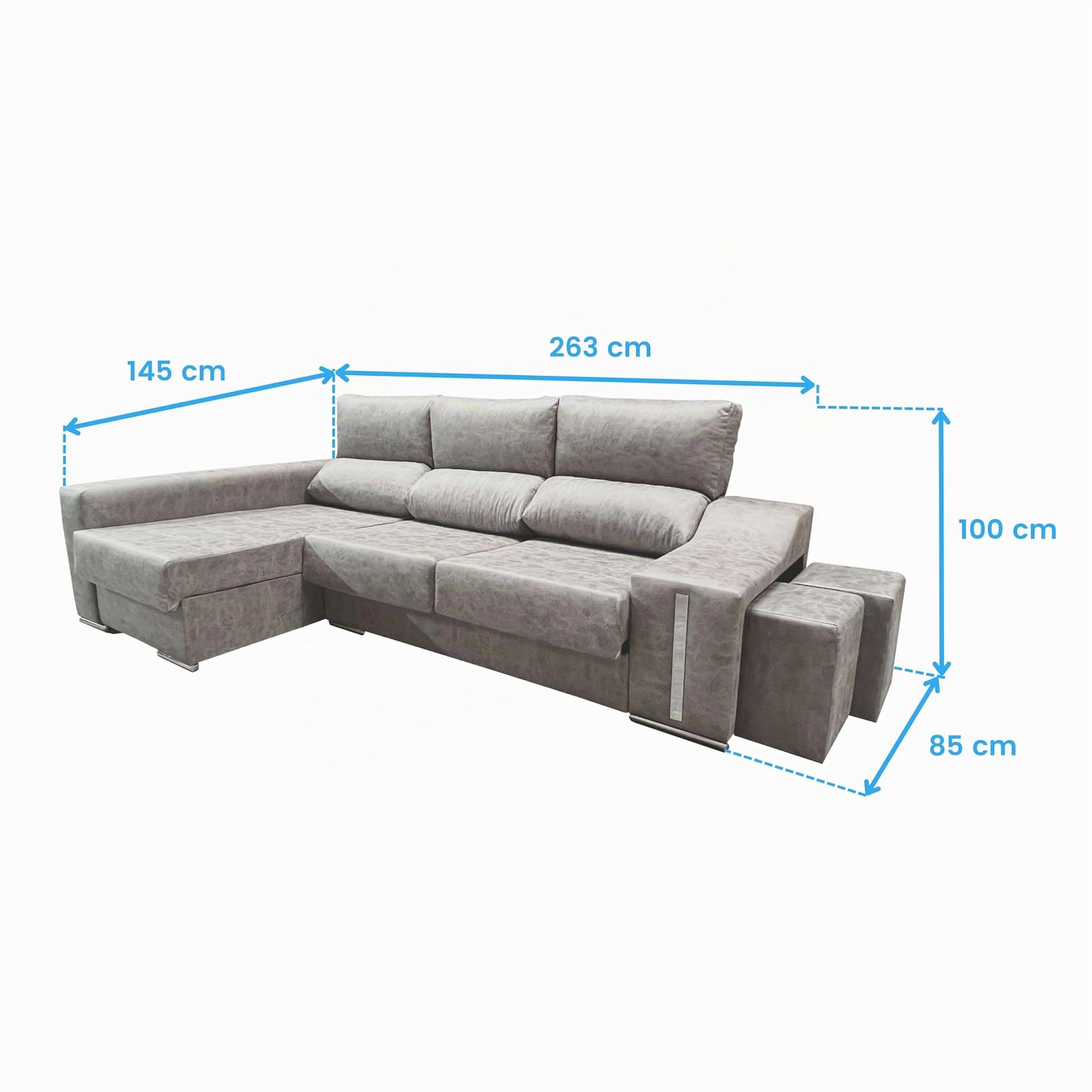 Miroytengo Sofá Chaise Longue Oscar Izquierda 3 Plazas, Arcón, 2 Puffs, Asientos Extensibles Gris Cemento 263 cm