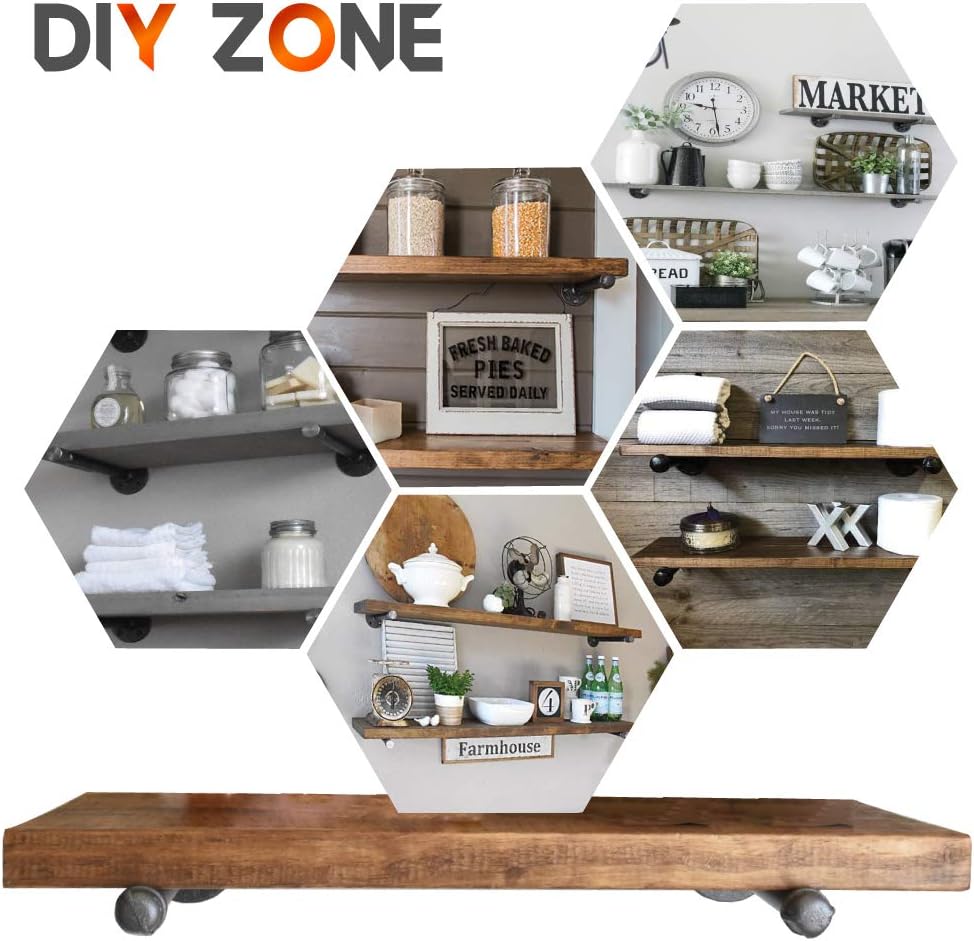 Pipe Bracket 8 inch (6 pcs Black Steel) - Industrial DIY Pipe Shelf Bracket for Wood Floating Shelf Vintage Look - Rustic Pipe Decor Wall Mount with All Accessories Needed (Shelf Not Included) (6)