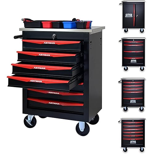 7-Drawer Rolling Tool Chest, Black & Red Modular Tool Box with Wheels, Heavy-Duty Rolling Tool Cabinet for Garage & Workshop Storage