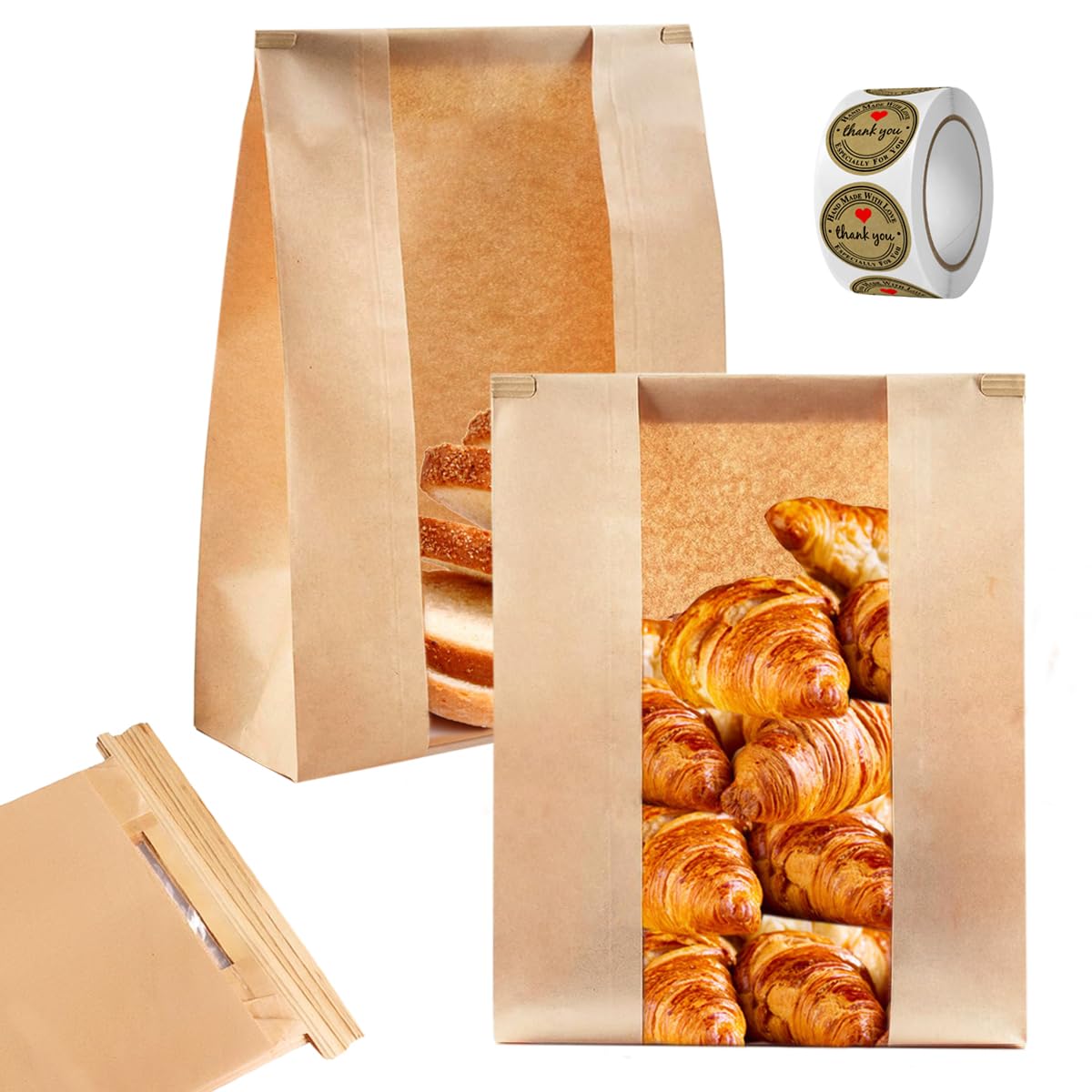 100 Pack Large Kraft Bread Bags with Window,14 x 8.3 x 3.3 Inch Kraft Paper Bakery Bags with Tin Tie Tab Lock for Packaging Homemade Sourdough Bread Loaf Cookies Popcorns,500 Pcs Seal Stickers