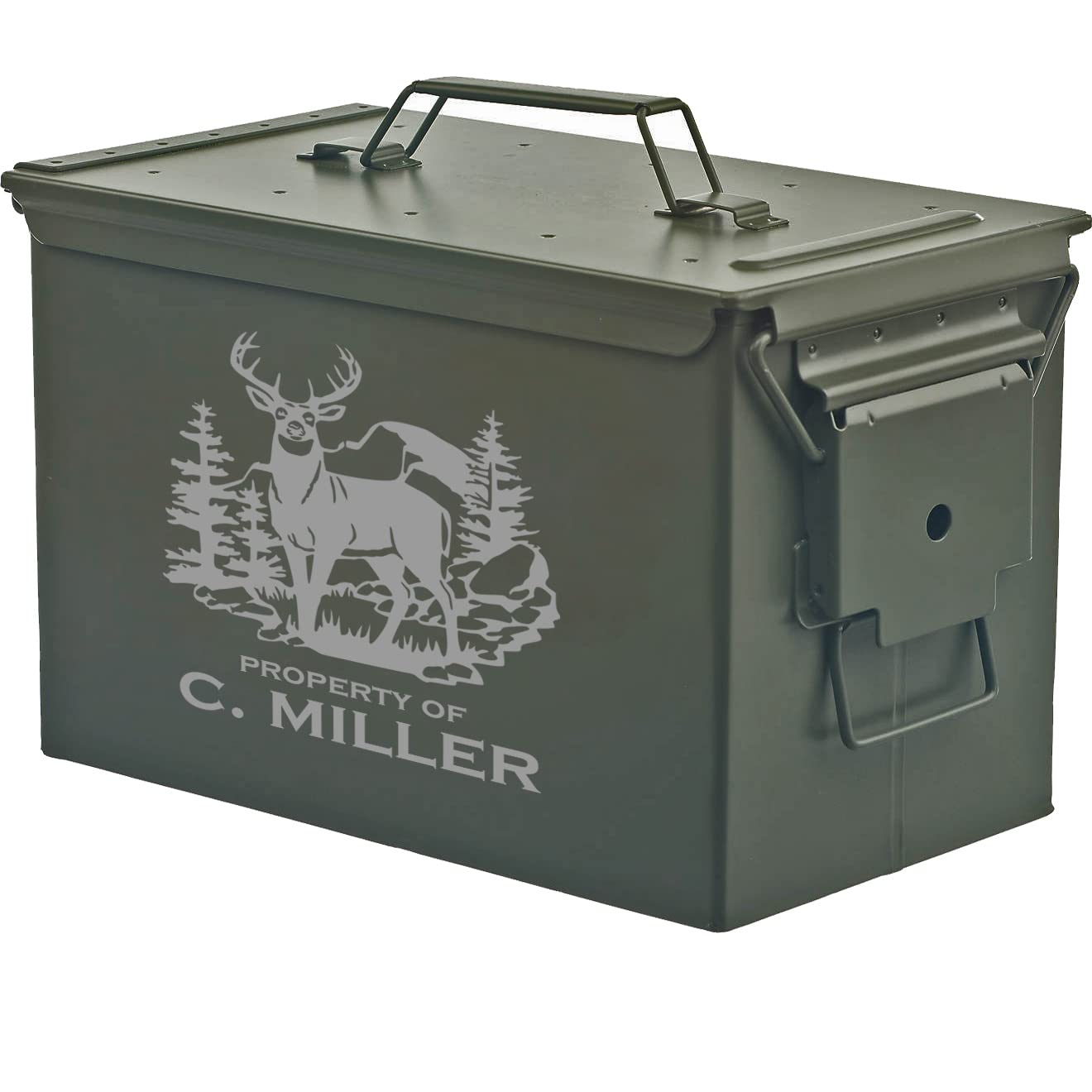 Daylor Custom Engraved Ammo Box Metal Ammunition Case Steel Storage Can Personalized Hunting Deer Trees Mountains (50 Caliber, Green)