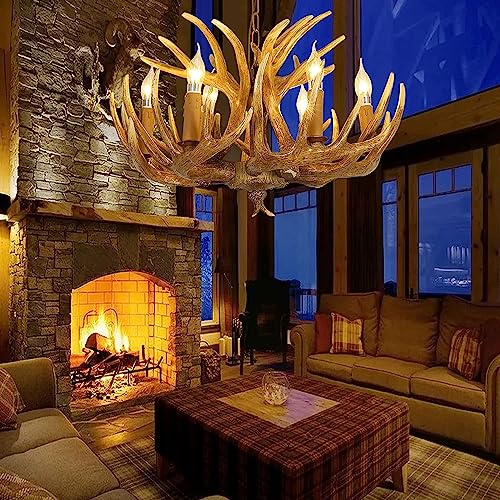 Lustre en bois de cerf Lampe suspendue en résine Style vintage corne de cerf Salle à manger Eclairage de l'îlot de cuisine Chambre à coucher Entrée Foyer...