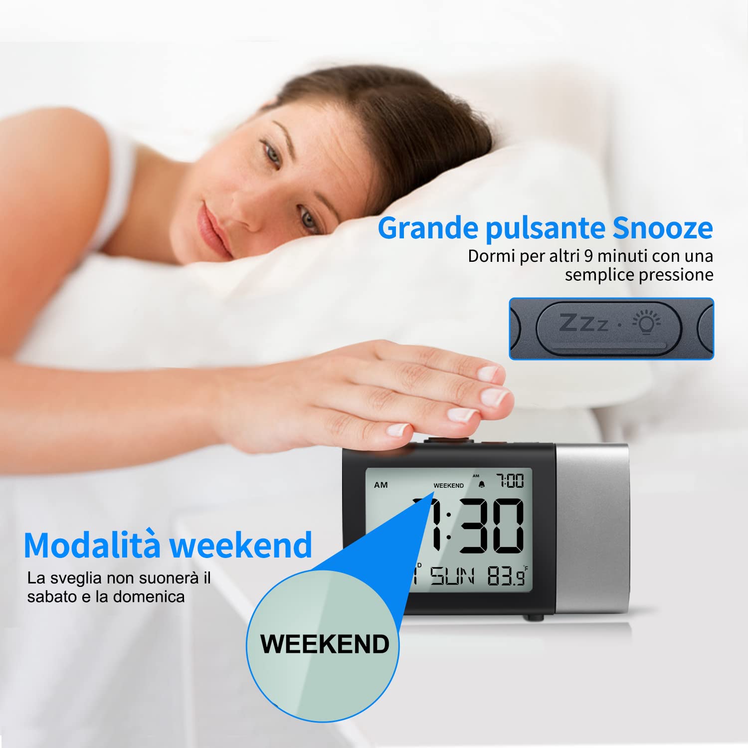 Sveglia digitale a proiezione: Digital Clock con temperatura data 12/24H, luminosità e volume regolabili, orologio a batteria per bambini anziani viaggi camera da letto comodino ufficio (Rosso)