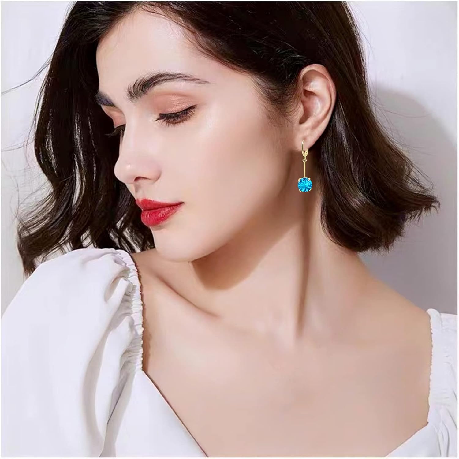 VONSSY Gemstone Drop Dangle Earrings | Platinum/Gold Plated Leverback Crystal Cubic Zirconia Hanging Red/Pink/Blue Earrings - Image 2
