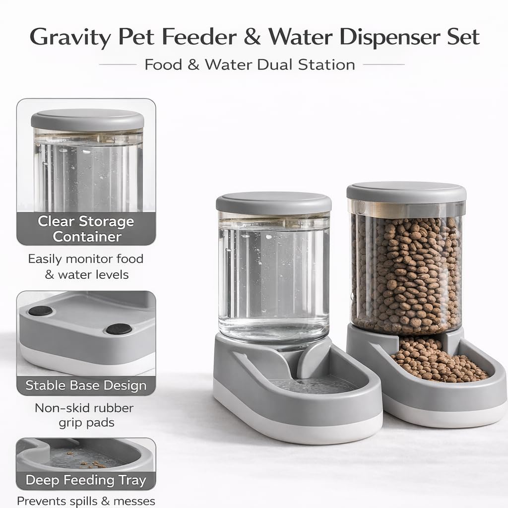 Gravity Pet Feeder and Water Dispenser Set, 8L (4L+4L) fino a 14 giorni, automatico cane gatto alimentatore e abbeveratoio, design trasparente, a prova di perdite, anti-inceppamento, senza elettricità