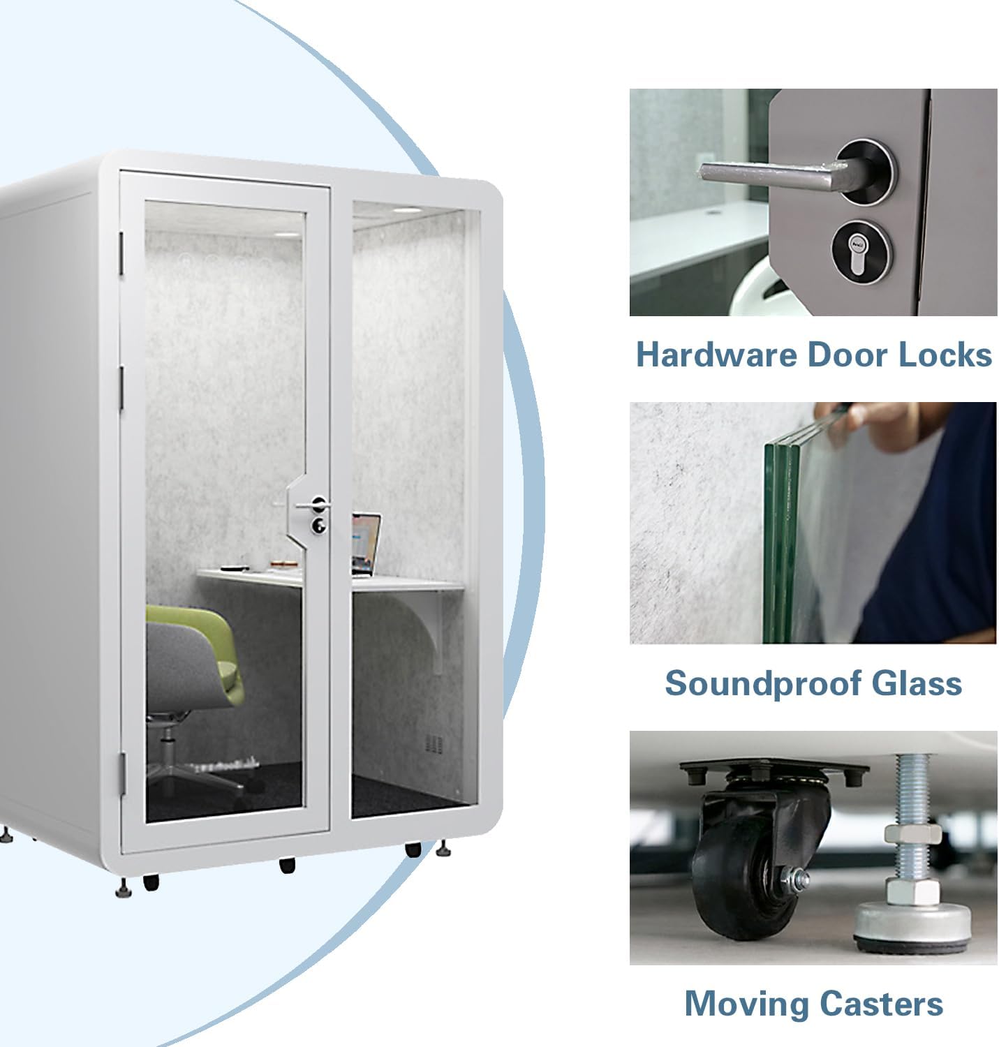 Mobile Office Pod Booth, Sound Proof Office Booth Pod with Mobile Roller, LED Light, Fans & USB Ports, Larger Space for 2-4 People, for Office, Outdoor, Library,59in