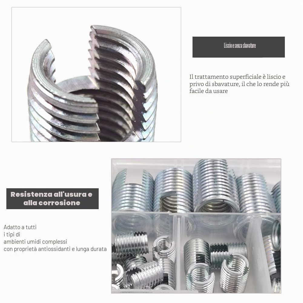 60 Pezzi Inserti Filettati M3 M4 M5 M6 M8 M10 M12,Set Inserto Filettato Autofilettante in Acciaio al Carbonio,Filettatura Rinforza Strumento di Riparazione