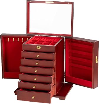 Large Jewelry Box, 7-Layer Wooden Jewelry Collector Case for Women with Combo Lock and Mirror for Jewelries Necklaces Rings Vintage Style Storage Box B