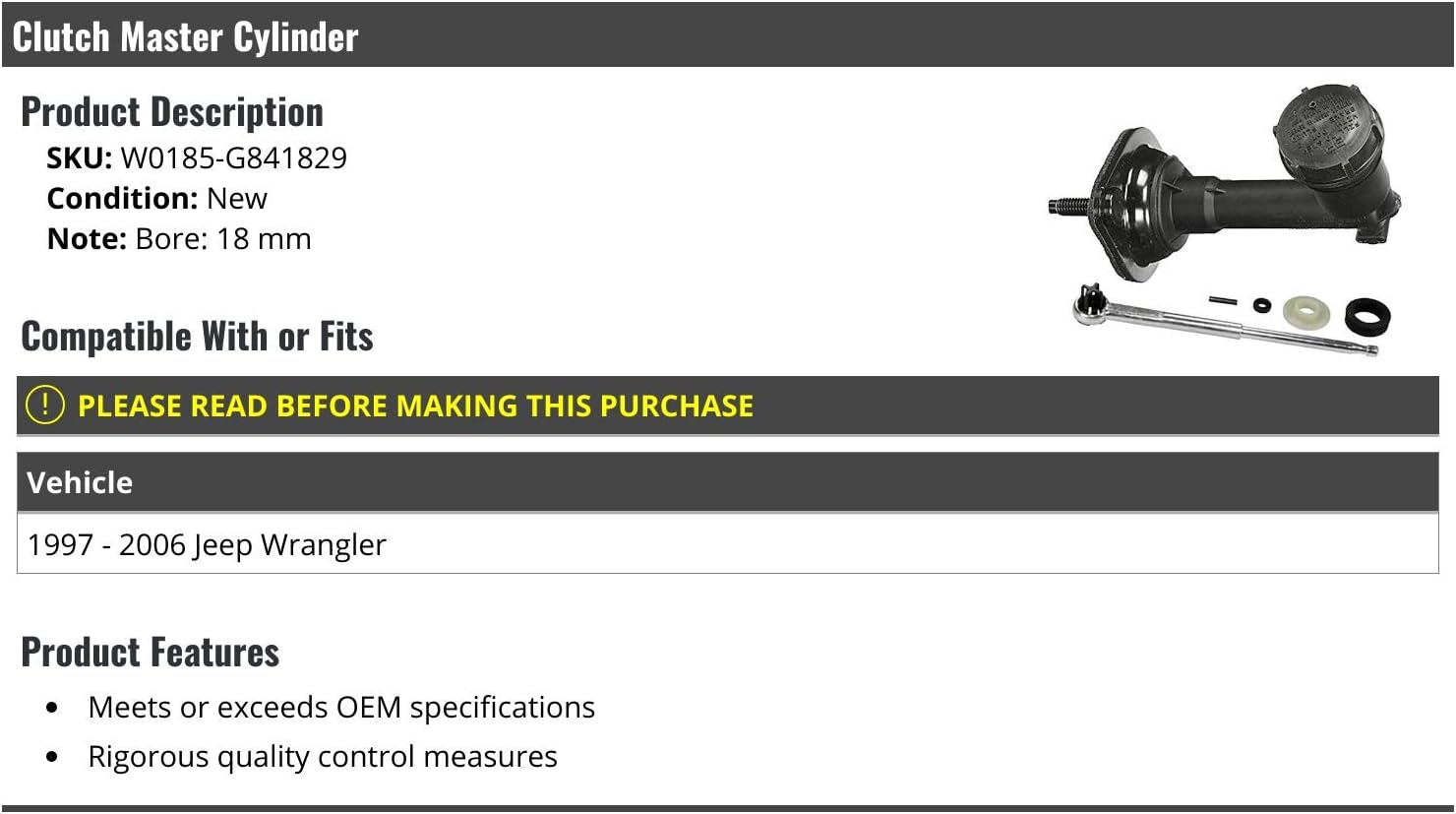 Marketplace Auto Parts Clutch Master Cylinder - Compatible with 1997-2006 Jeep Wrangler