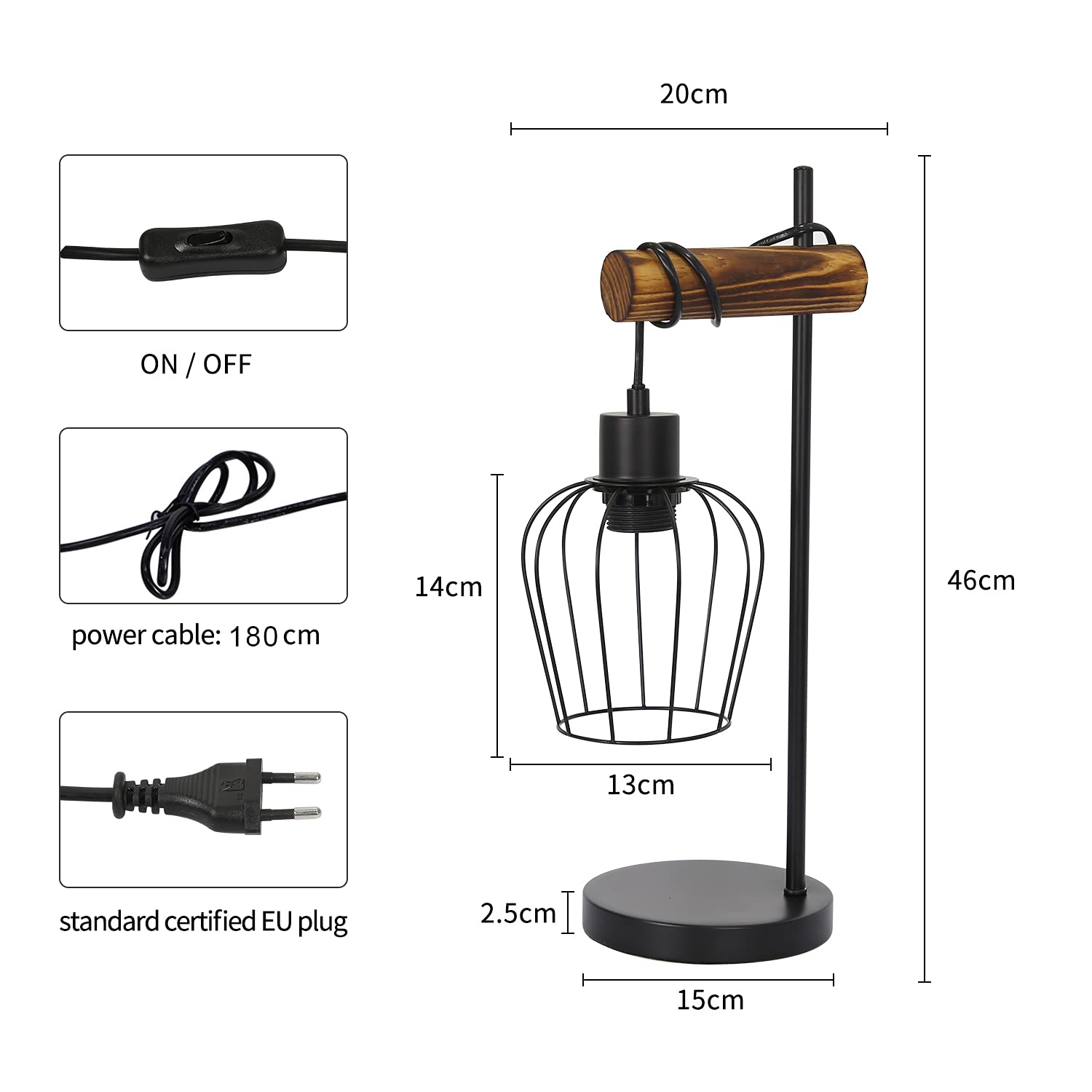 ZMH Tischlampe Vintage Tischleuchte Wohnzimmer Holz: E27 Nachttischlampe Schlafzimmer im Industrial Design aus Metall Schwarz Bettlampe mit 180cm Kabel Dekorativ für Cafe Hotel - ohne Leuchtmittel