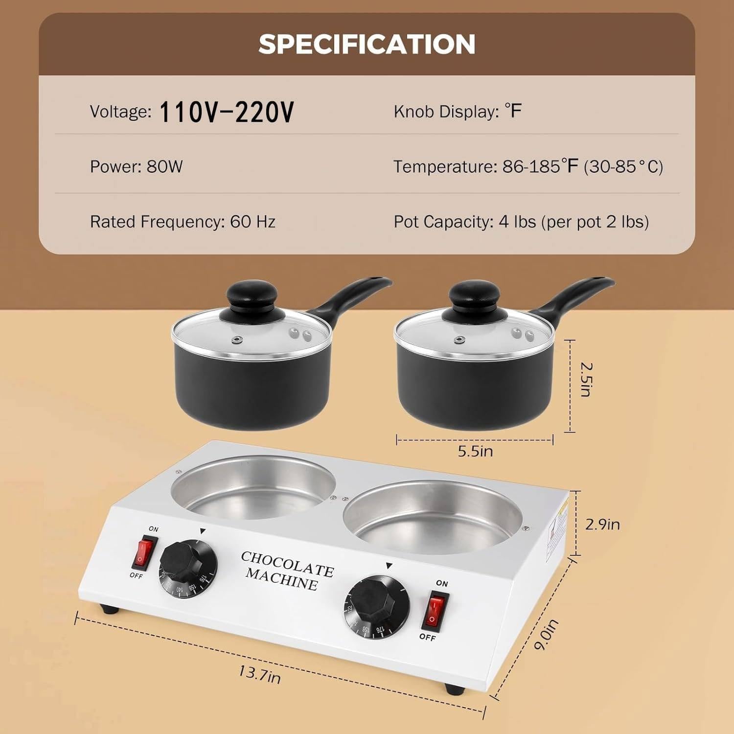 Temperateur de chocolat électrique, avec 2 poêles antiadhésives en céramique, 80 W, température constante de 30 à 80 ℃, avec commande manuelle
