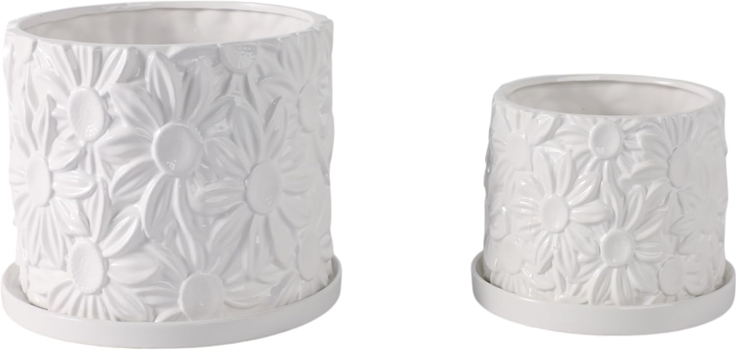 Ceramic Daisy Flower Pot Planter with Saucer for Home Decor - Decorative Plant Pots for Indoor and Outdoor Spaces - Garden Accent for Living Room, Patio, or Backyard - Set of 2, 7", 5", White