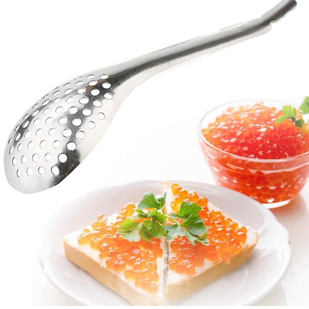 BOBOZHONG Spherification Spoon,4 Pieces Caviar Spoon Strainer Colander Stainless Steel Slotted Spoon Egg Strainer Cuisine Strainer Portable Salad Fruit Slotted Spoon for Kitchen - Image 4