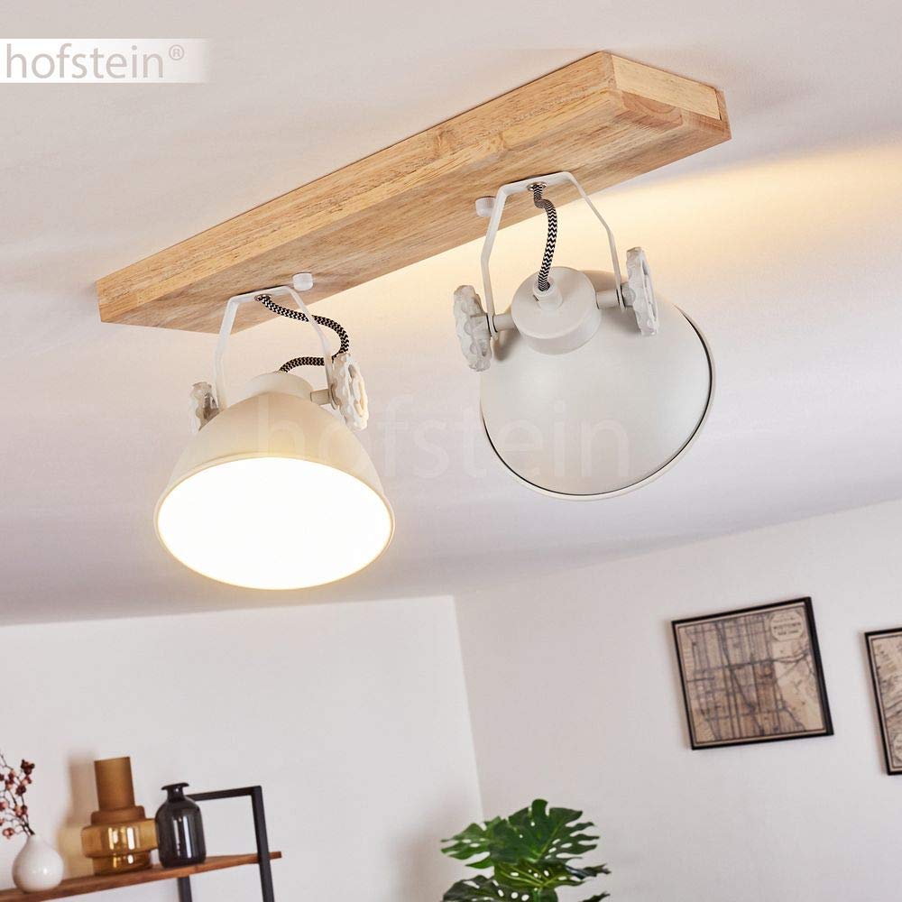 HOFSTEIN Deckenleuchte Svanfolk, verstellbare Deckenlampe aus Metall/Holz in Weiß/Natur, Leuchte im Industrial/Retro/Vintage-Design mit Holzbalken, 2 x E14, Wohnzimmer, Esszimmer, Schlafzimmer, Küche
