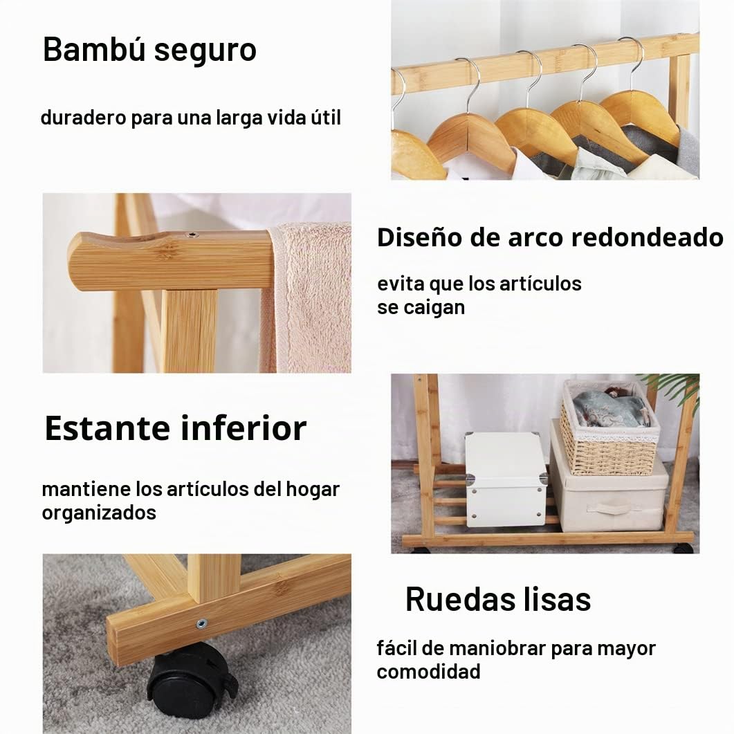 unho Perchero Burro Bambú con Ruedas: Perchero Pie para Colgar Ropa Multifuncional Tendedero Perchero Prendas para Hogar Tienda Dormitorio 80 x 40 x 160cm | Perchero de pie doble para la entrada, el vestidor o el salón