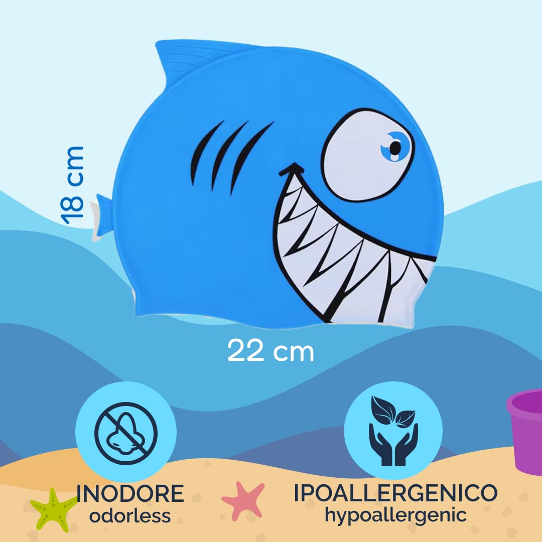 kina - Cuffia da Nuoto Bambini per Piscina, in Silicone, Ipoallergenica, Elastica e Soffice al tatto per Capelli corti e lunghi