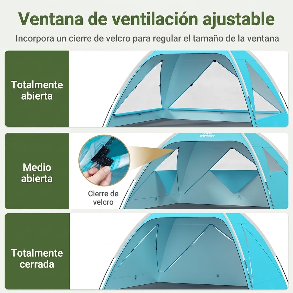 Wolfwise Tienda de Playa UPF 50+ para Familia, Refugio Solar Anti-UV con 3 Ventanas Ventiladas, Suelo Extensible y Bolsa de Transporte, Capacidad 3 Personas, Azul