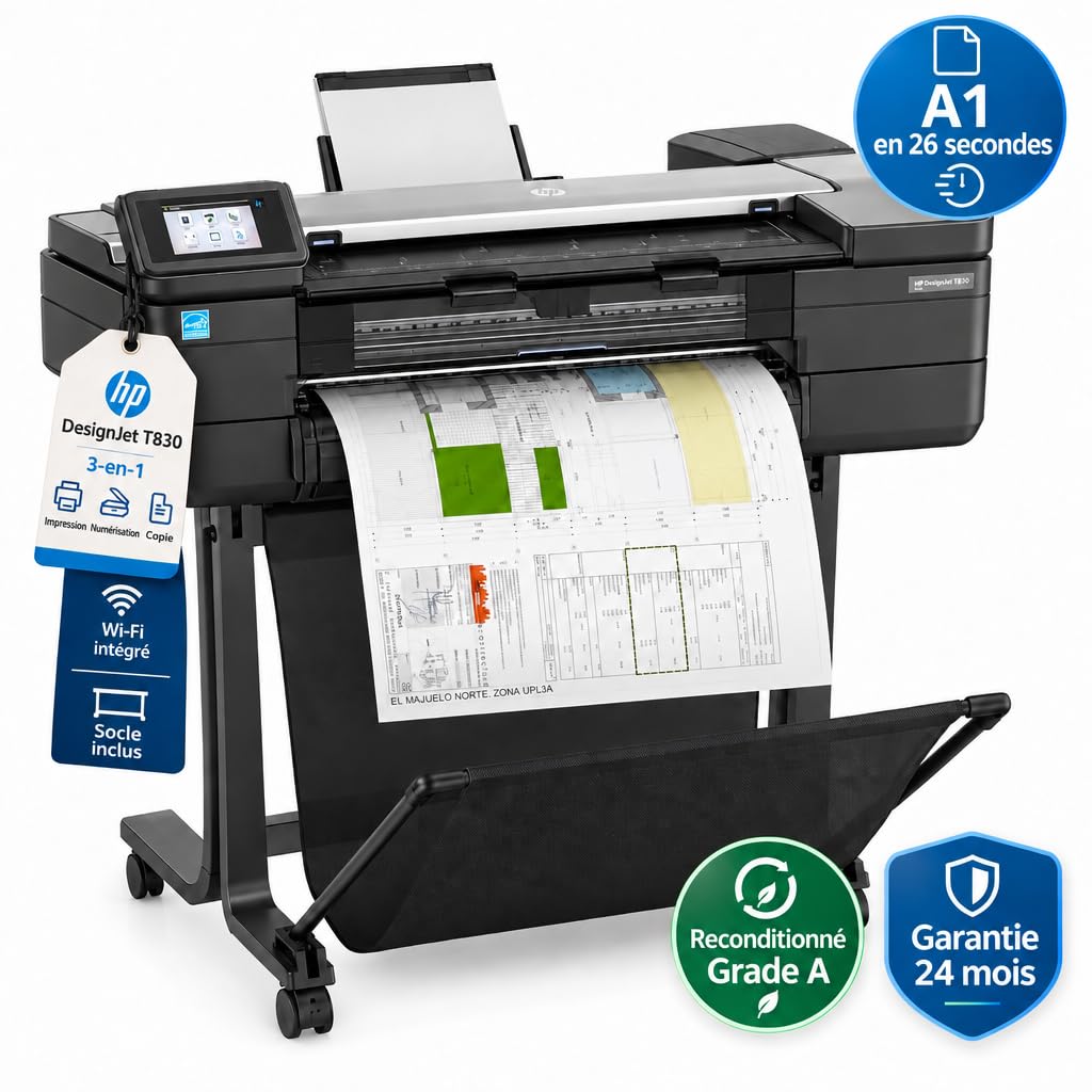 HP DesignJet T830 Traceur reconditionné 24" A1 multifonction, impression, numérisation et copie, 2400 x 1200 dpi, A1 en 26 secondes, Wi-Fi Ethernet USB, socle inclus, garantie 24 mois