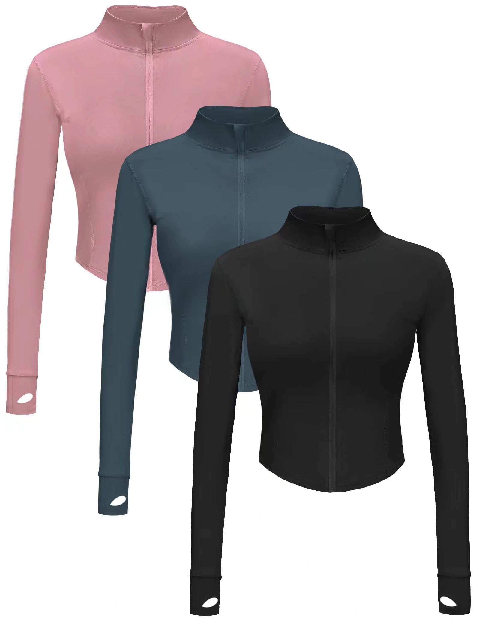 Photo 1 of *Pink and blue only* Dalavch 3 Pack Womens Cropped Full Zip up Workout Jacket Slim Fit Running Athletic Gym Yoga Sports Jacket with Thumb Holes 1 Black 1 Pink 1 Blue X-Large