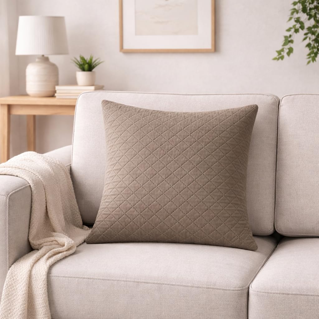 Quilted Cushion Cover 18x18 Inch – Set of 2 | Decorative Throw Pillow Covers for Sofa, Couch or Bed, Premium Square Cushion Covers (Solid Beige)-picture-13