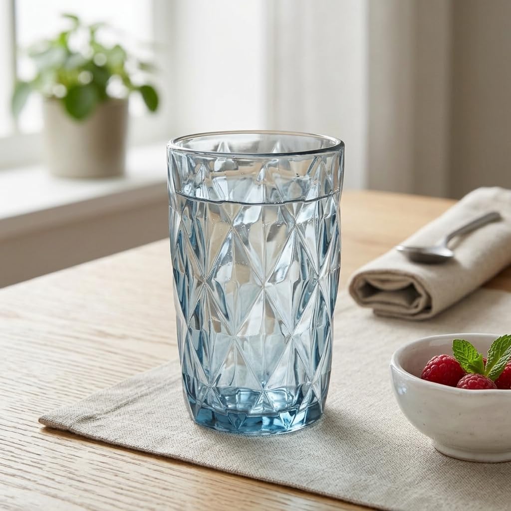 Deconox 6'lı Mavi Cam Bardak Seti - Vintage Kabartma Desenli Su, Meşrubat ve Kokteyl Bardağı Takımı (400 ml)