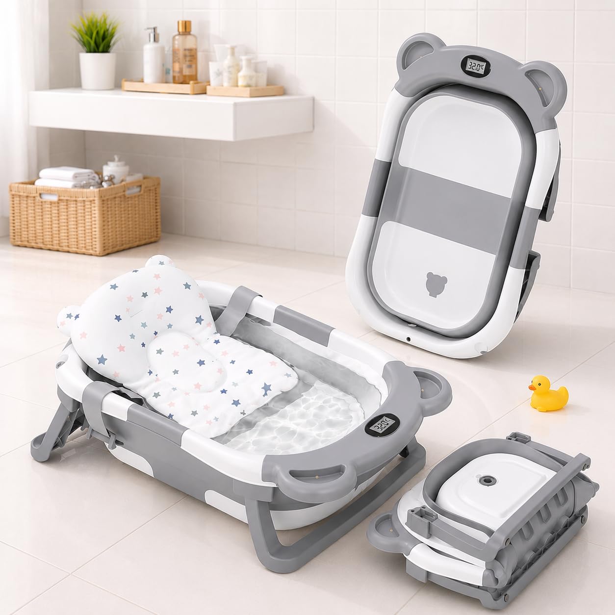 TINSY Foldable Baby Bath Tub | Polypropylene Infant Basin | Built-in Water Thermometer | Head Support Pillow | Anti-Slip Base | Portable Newborn Bath Container | Nursery Tub | Grey-image-48
