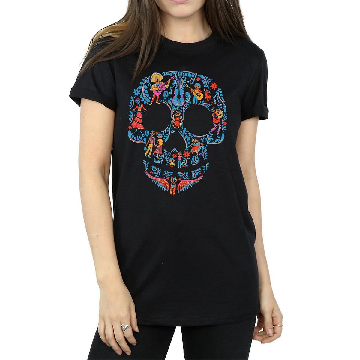 Disney Women's Coco Skull Pattern Boyfriend Fit T-Shirt Medium Black