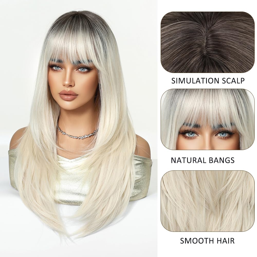 Esmee Long Straight Platino Blonde Wigs for Women with Fringe Natural Synthetic Hair Ombre Wig for Daily & Party Use - Image 3