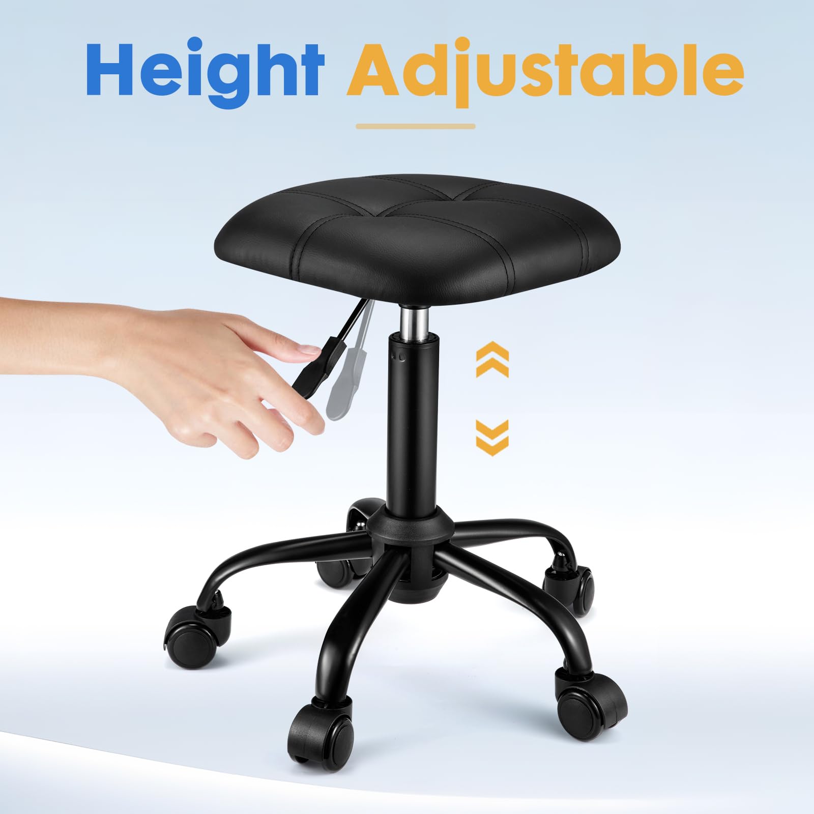 Taburete cuadrado con ruedas, altura ajustable, giratorio, silla de oficina, color negro