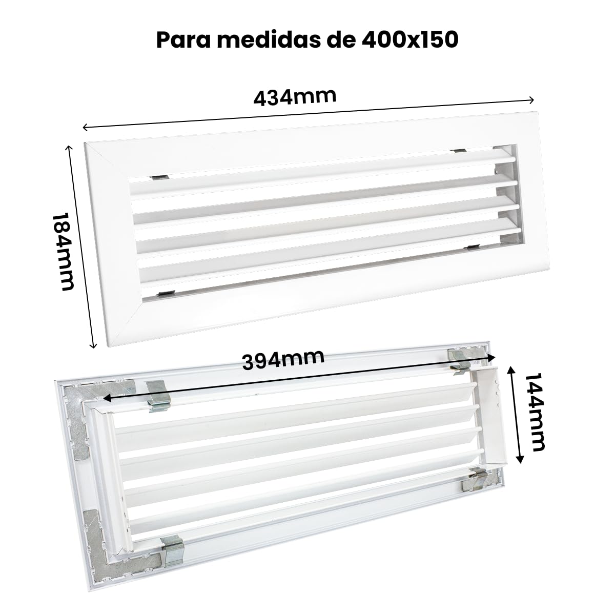 Rejilla Impulsión Blanca Lamas Horizontales Móviles para Aire Acondicionado Salida de Aire Orientable (400x150 mm)