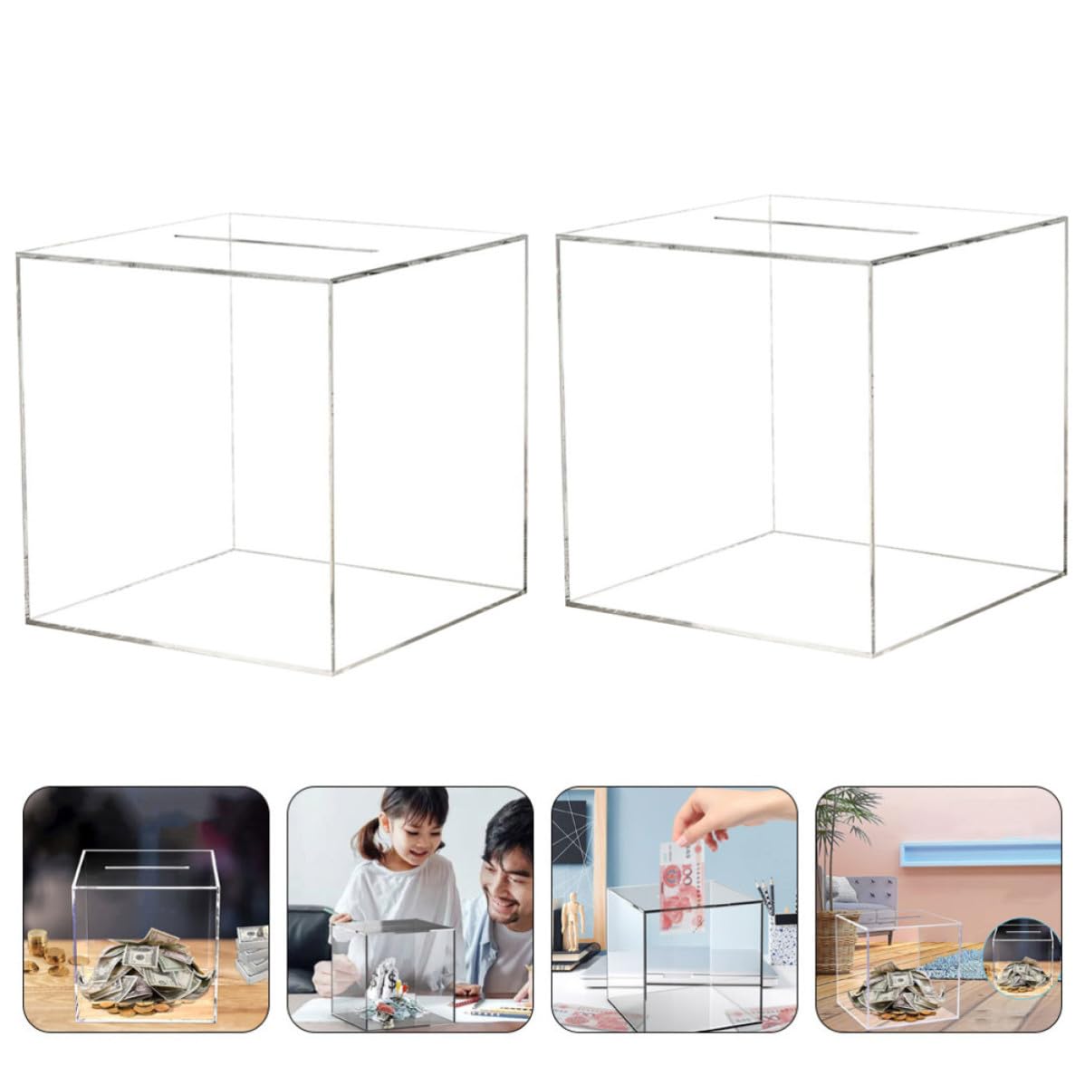 Levemolo Tirelire de Table en Acrylique Transparente 2 Pièces, Boîte à Économies Cubique Simple et Éducative pour Garçon et Filles, pour Bureau ou Table