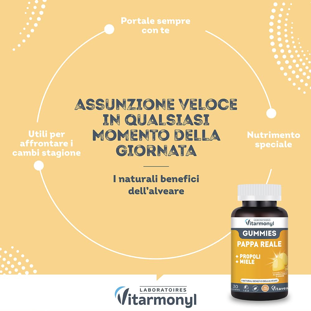 VITARMONYL PAPPA REALE GUMMIES - Con Propoli e Miele - Con Propoli e Miele - Facili da assumere - Per i Bambini +3 - Energia e Vitalità - 30 Gummies - Gusto Limone
