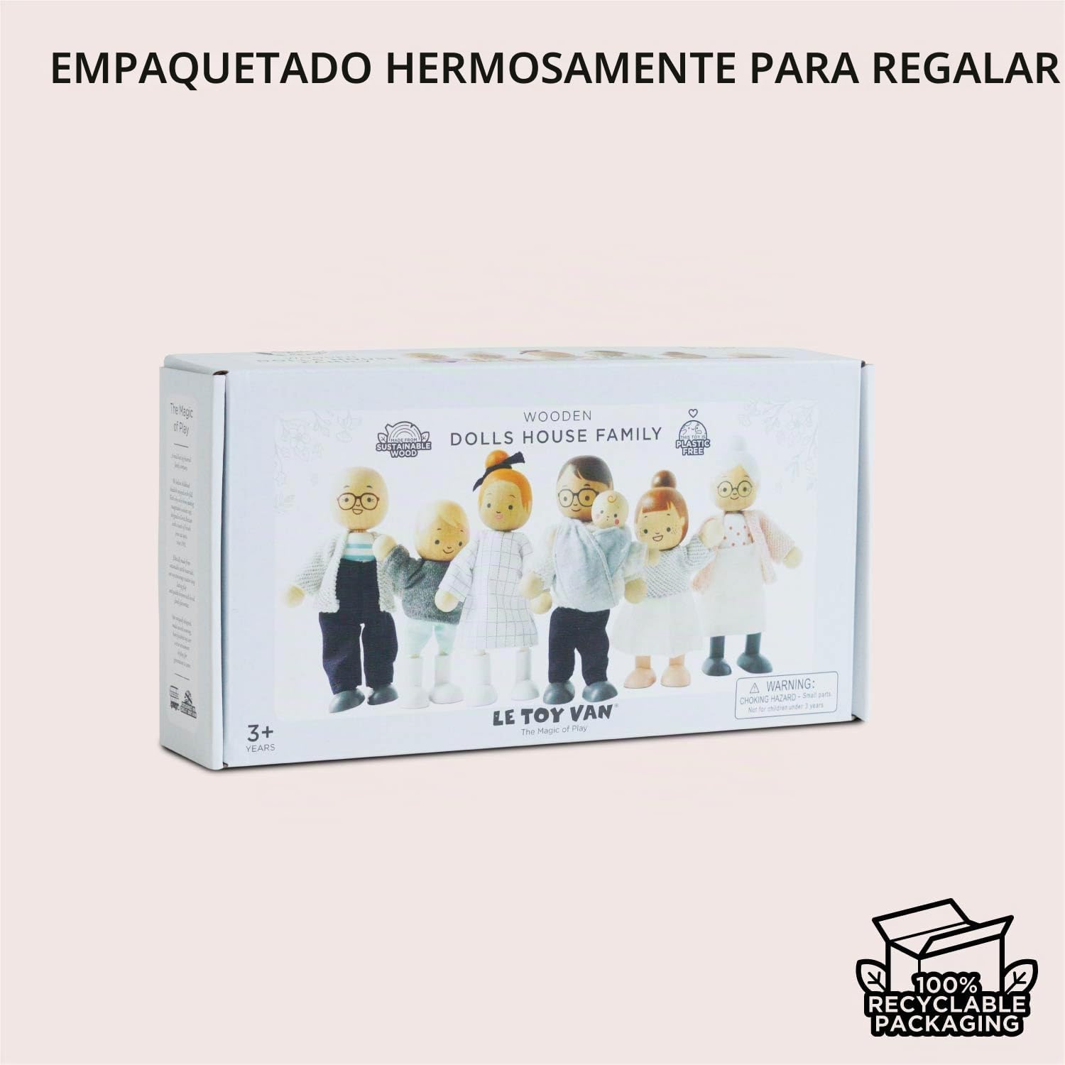 Le Toy Van - P053 - Familia para casa de muñecas en Madera certificada FSC, 3 años, Set 7 muñecas, Montessori, Accesorios, Personajes en Miniatura para casa de muñecas