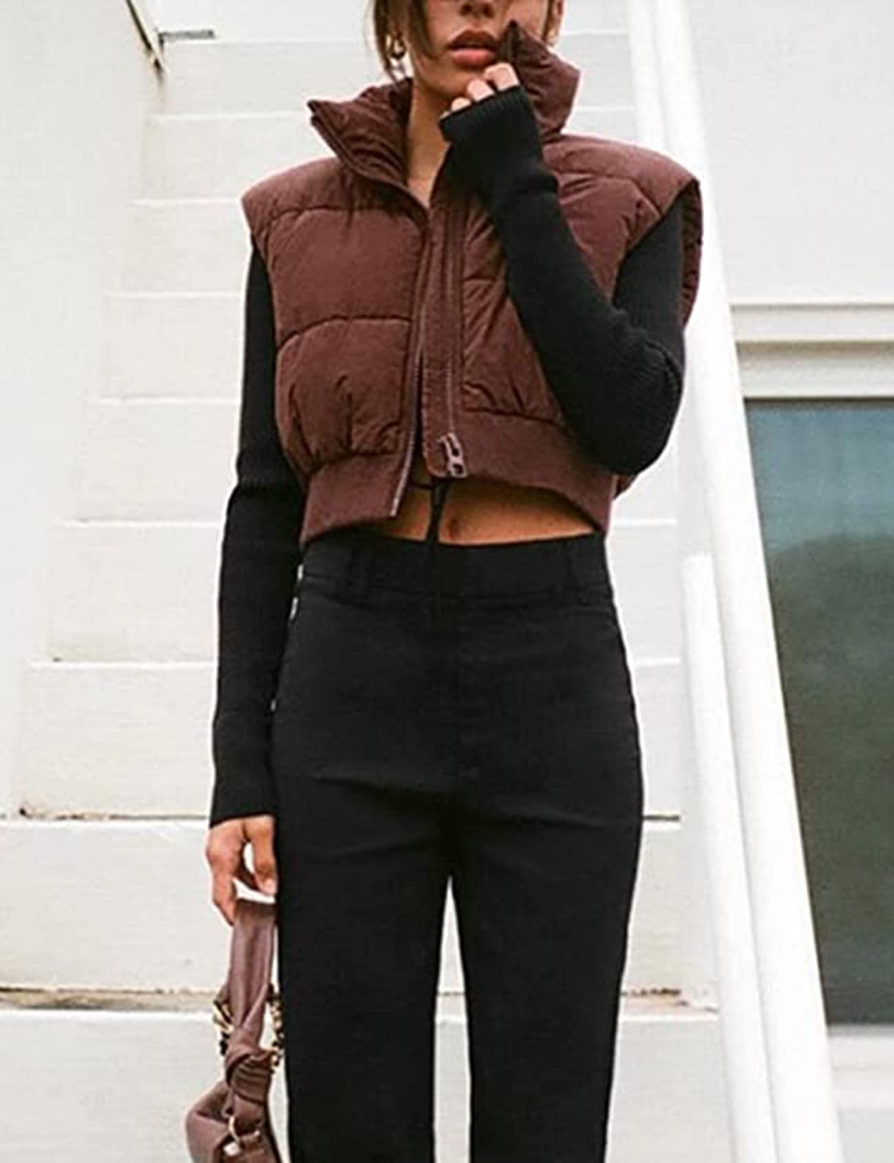 Kissonic Women's Padded Down Vest Puffer Stand Collar Zip Up Crop Sleeveless Jacket