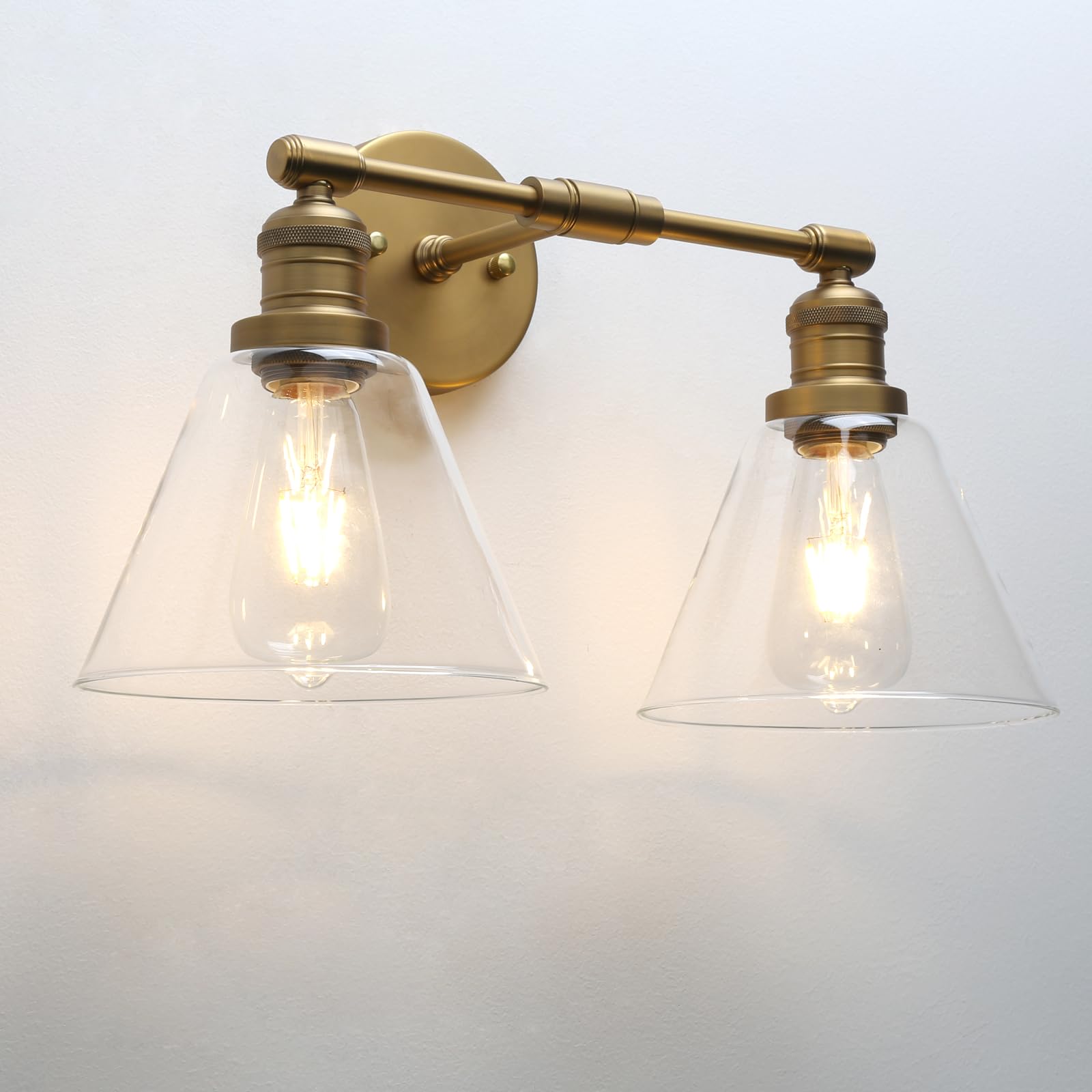 Phansthy Dual Light Vintage Wall Light 7.1" Diameter Funnel Glass Industrial Wall Sconce for Kitchen Living Room Hallway Bedroom Vanity Mirror Double Head Decorative Light (Antique Brass)