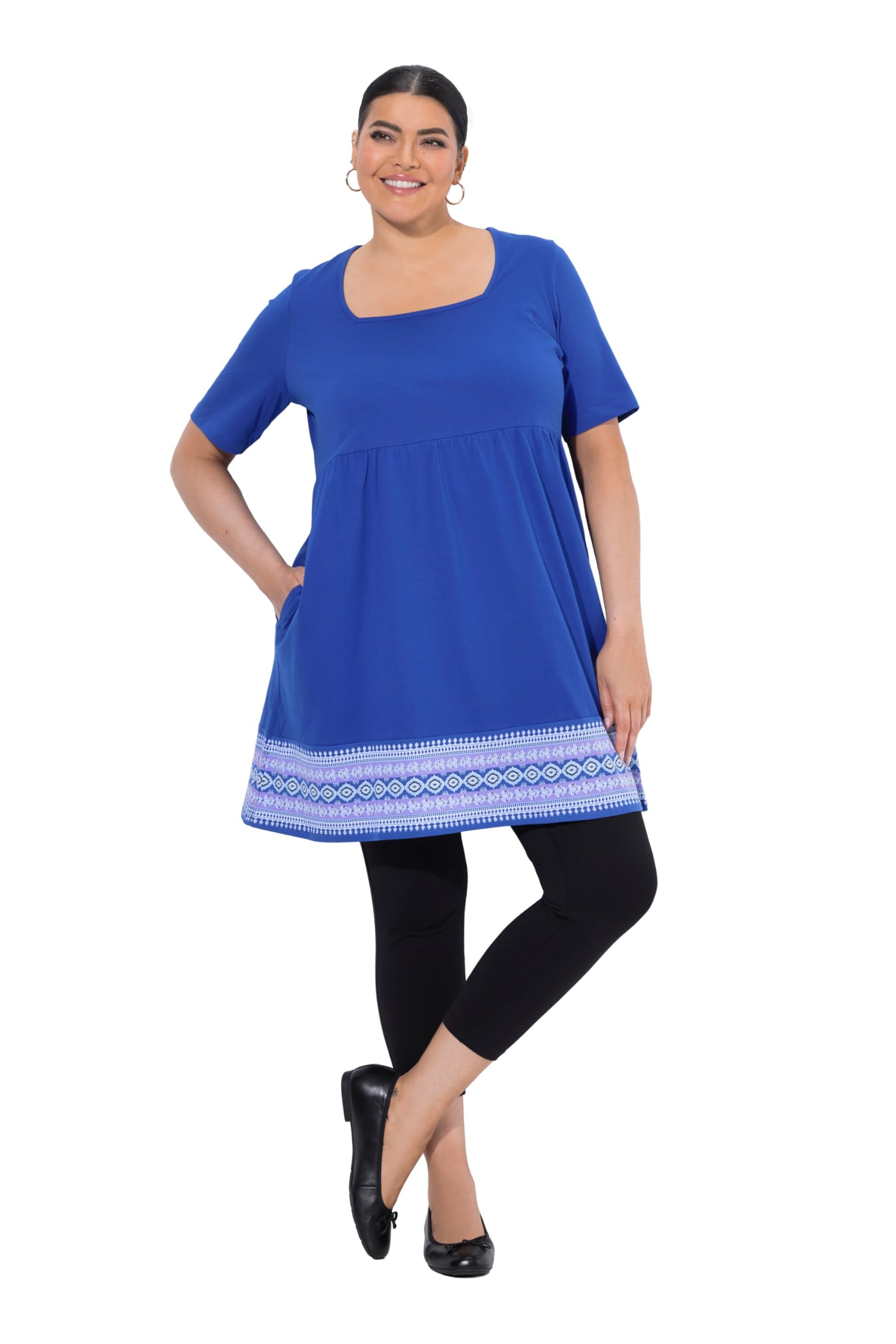 Ulla Popken Damen große Größen Übergrößen Plus Size Longshirt, Bordürendruck, Carré-Ausschnitt, Halbarm 849748