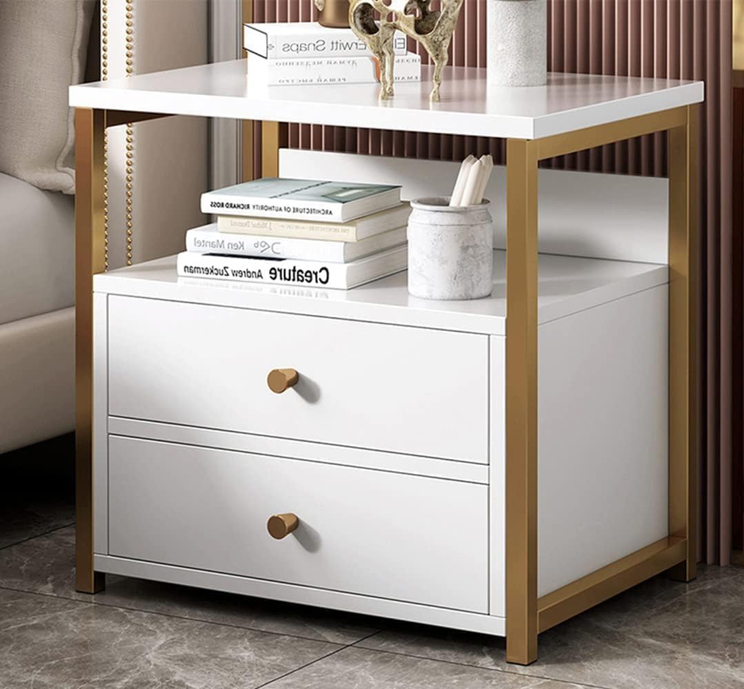 DUSALA Bedside tables bedroom living room storage tables Modern bedside table with gold metal frame, bedside table with two drawers suitable for bedroom living room (White+gold 2 Drawers)