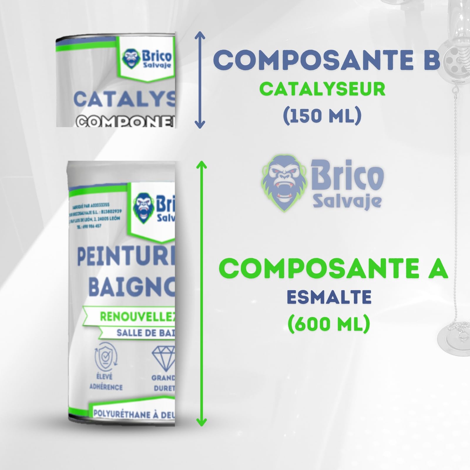 Peinture pour Baignoire Finition SATINÉE Deux Composants 600+150 ML | Application facile | Finition céramique | Étanche (Aniston Céramique Blanc)