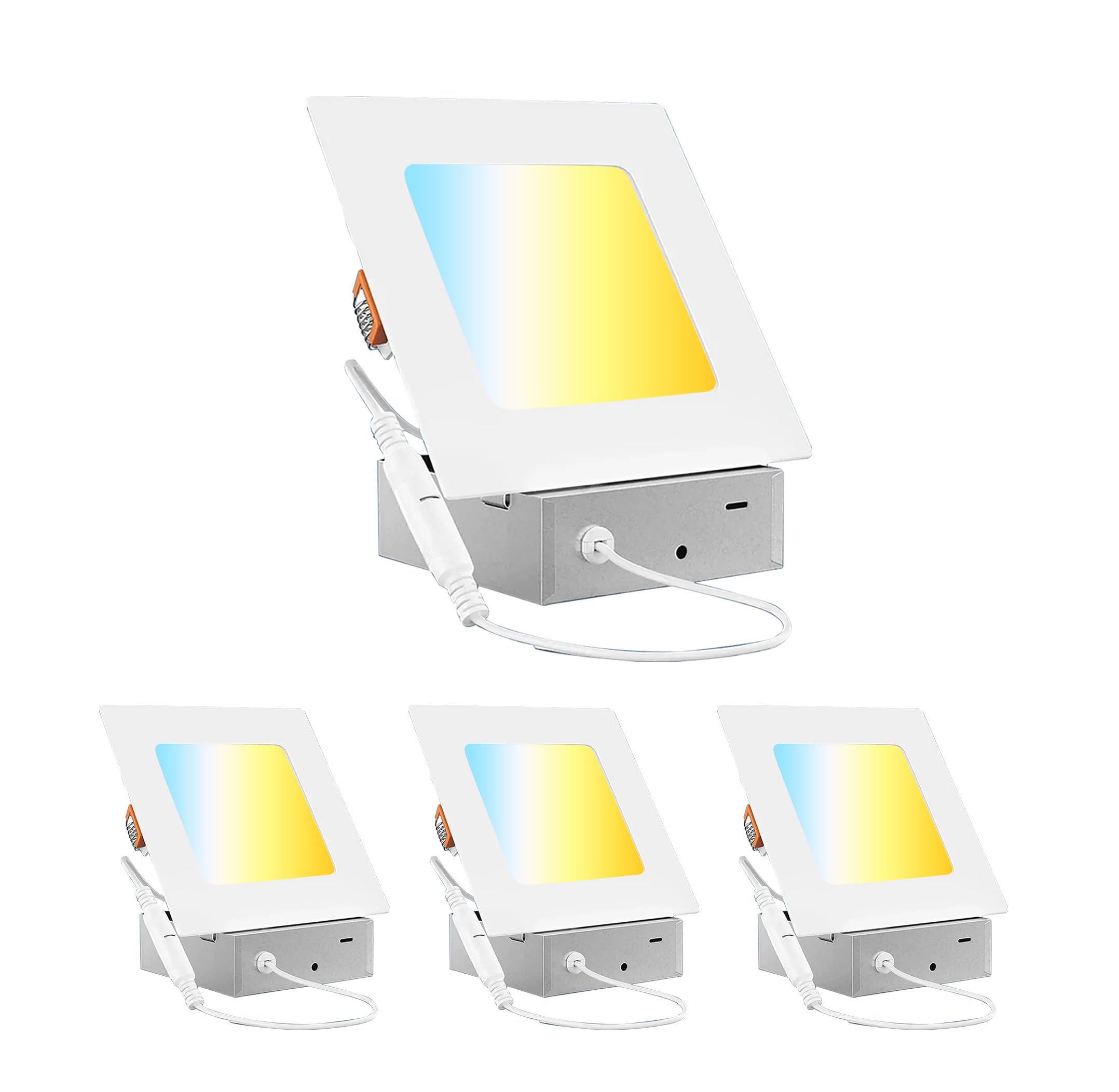 LEDMyplace 4-Pack 4 inch Square LED Recessed Lighting for Ceiling with Junction Box, Dimmable, 2700K-5000K Selectable, 5CCT, 9W, 650LM, 120V, 35W Equivalent, Canless Wafer Downlight, ETL FCC Certified