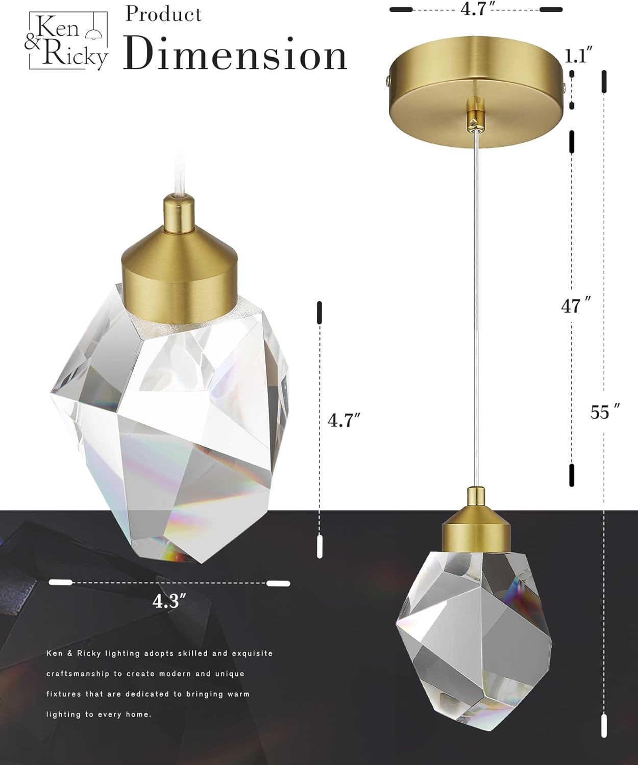 Ken & Ricky 3 Pack Crystal Pendant Light Fixture, LED Pendant Lights Kitchen Island,3CCT Hanging Light for Bathroom Dining Room Bedroom,KR3362-BG-3PK